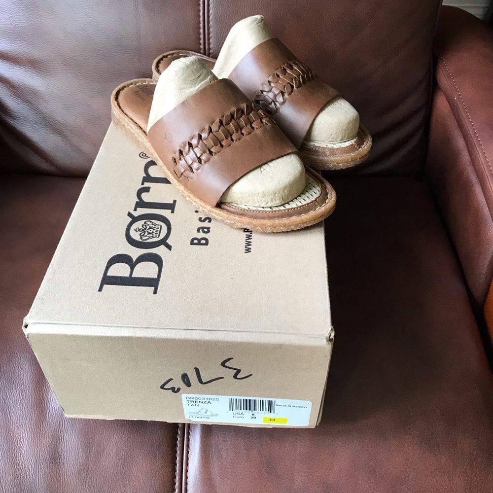New Born Trenza Brown Leather Slide Sandals in original box.